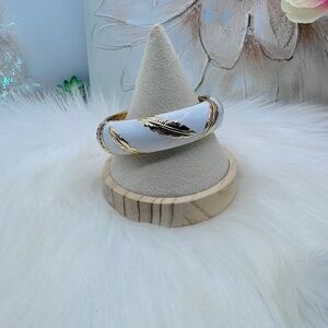 White with Gold Feathers Design Thick Enamel Bangle Bracelet